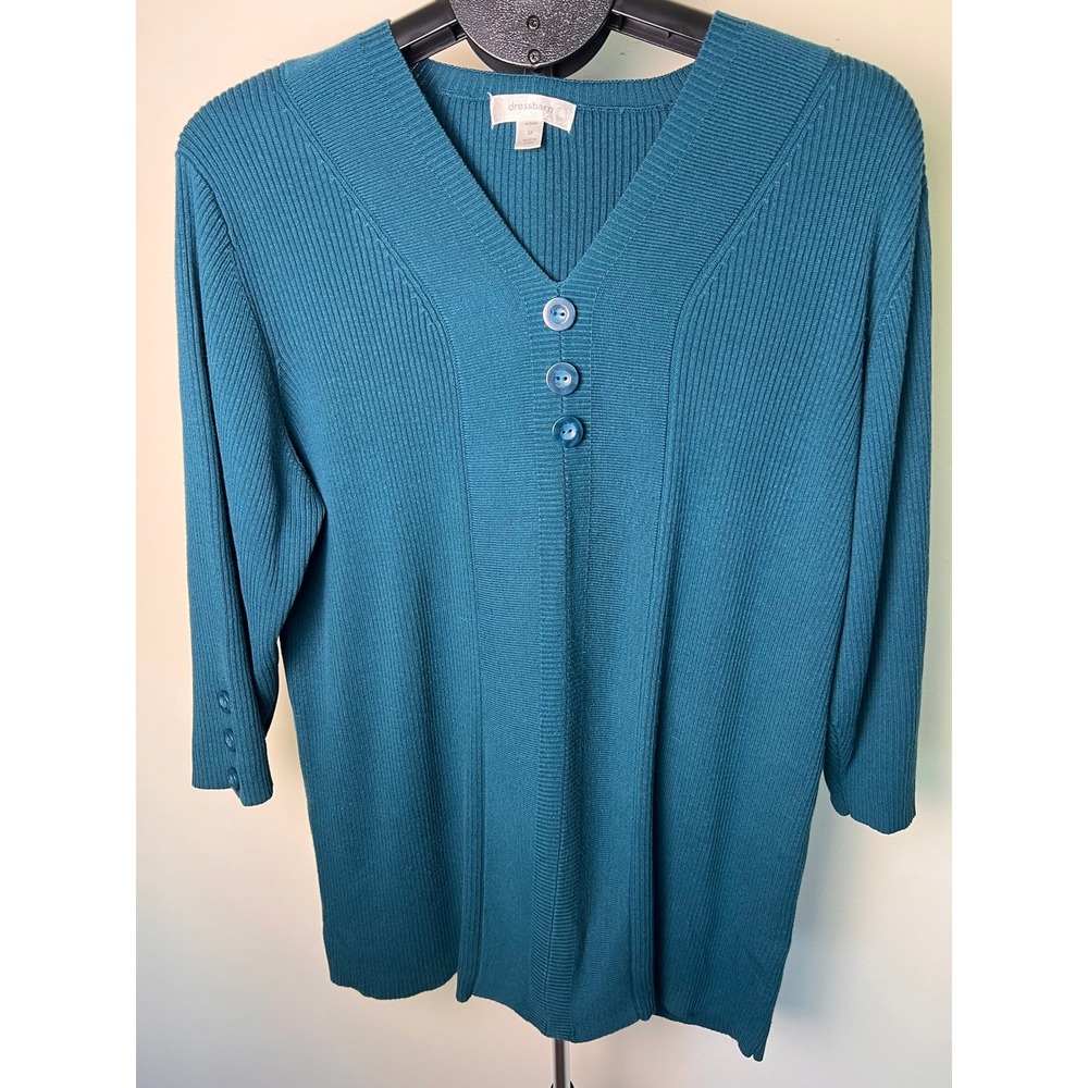 Ribbed V-Neck Sweater Woman 3X Teal 3-Button Accent Knit Officewear Plus Size